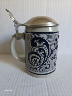 Vintage DBGM German Salt-Glazed Stoneware Stein with Pewter Flip Lid